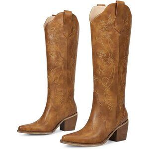 Women's Brown Cowboy Boots Knee High Comfort Vintage Floral Embroidery Retro